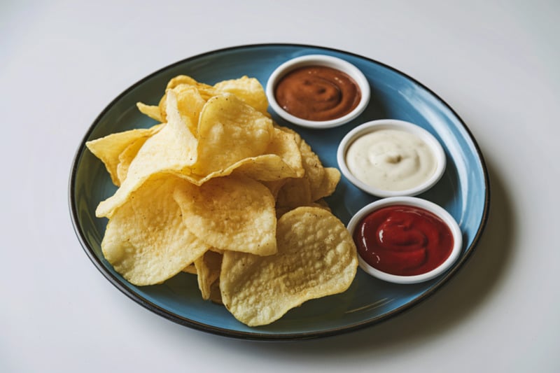 A photo of a plate with potato chips and various sauces